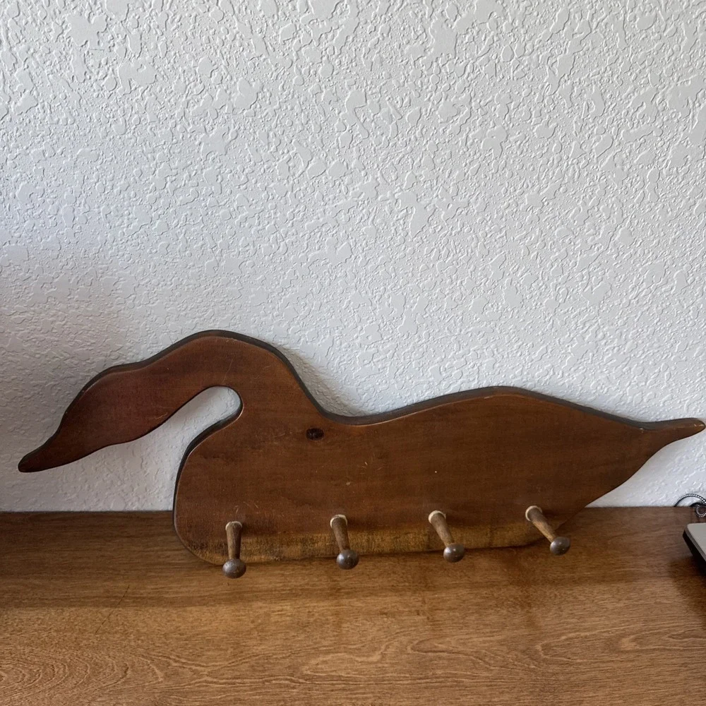 Vintage Handmade Wood Goose Silhouette Hanger W/ 4 Pegs Cottage Core Farmhouse
